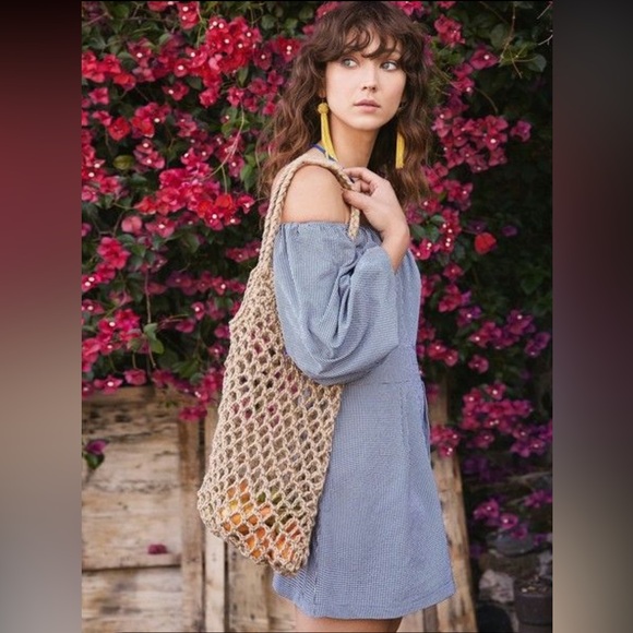 Pixie Market Gingham Balloon Sleeve Neck Tie Off the Shoulder Mini Dress - Picture 1 of 4